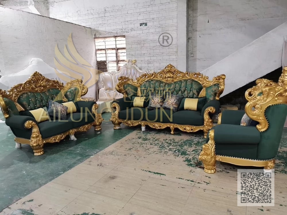莲花腿123沙发组合金属漆绿布艺