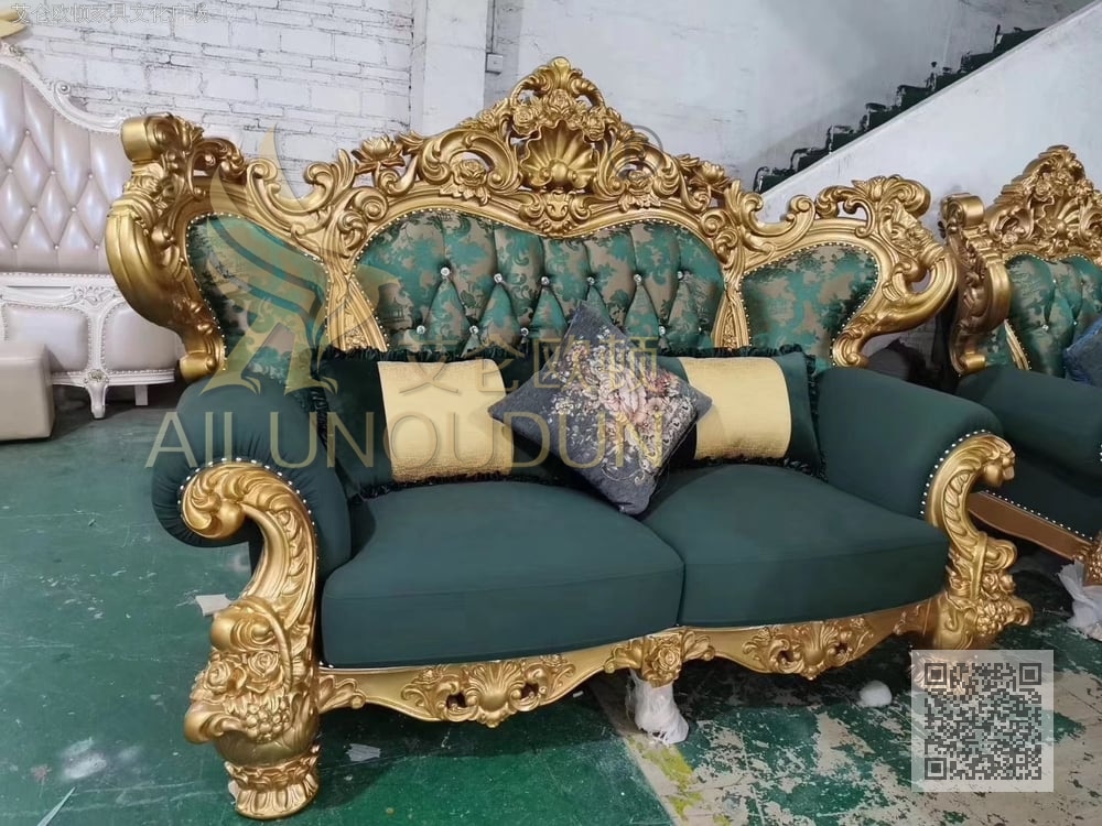 莲花腿123沙发组合金属漆绿布艺