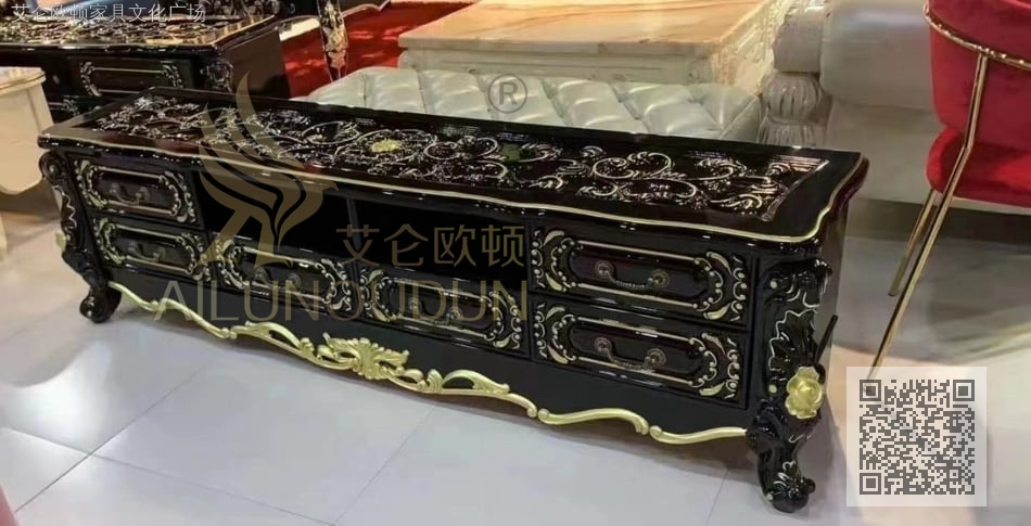 033茶几电视柜浮雕面黑檀色描金