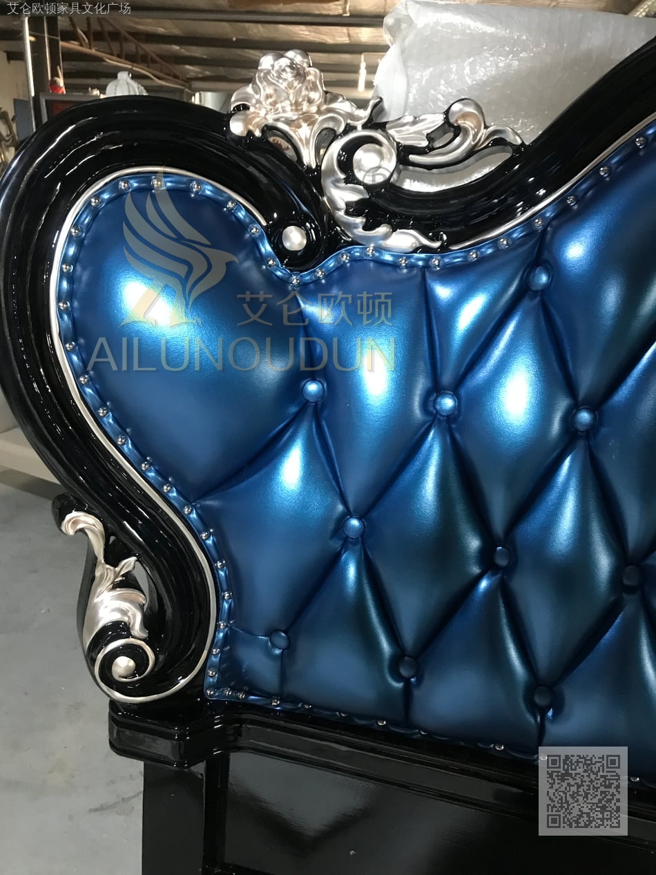 欧式简欧实木雕刻桃心床黑檀宝石蓝实木大床