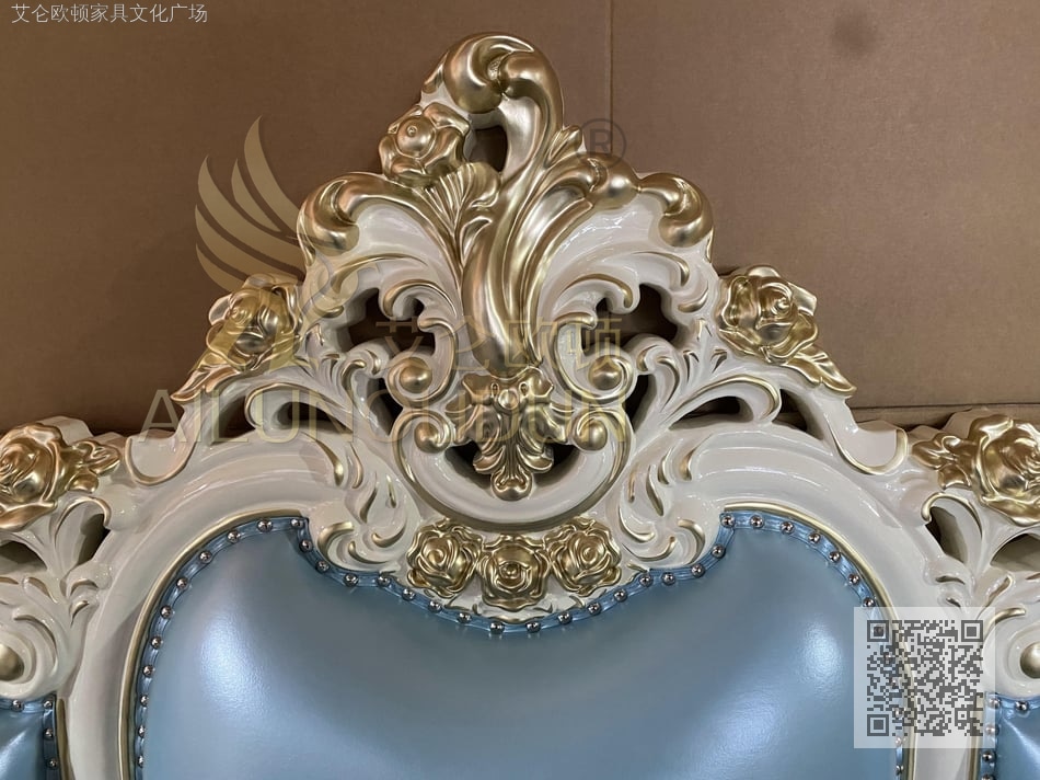 艾仑欧顿欧式桃心实木雕刻大床珠光白描金工艺天蓝真皮实木欧式床简欧床