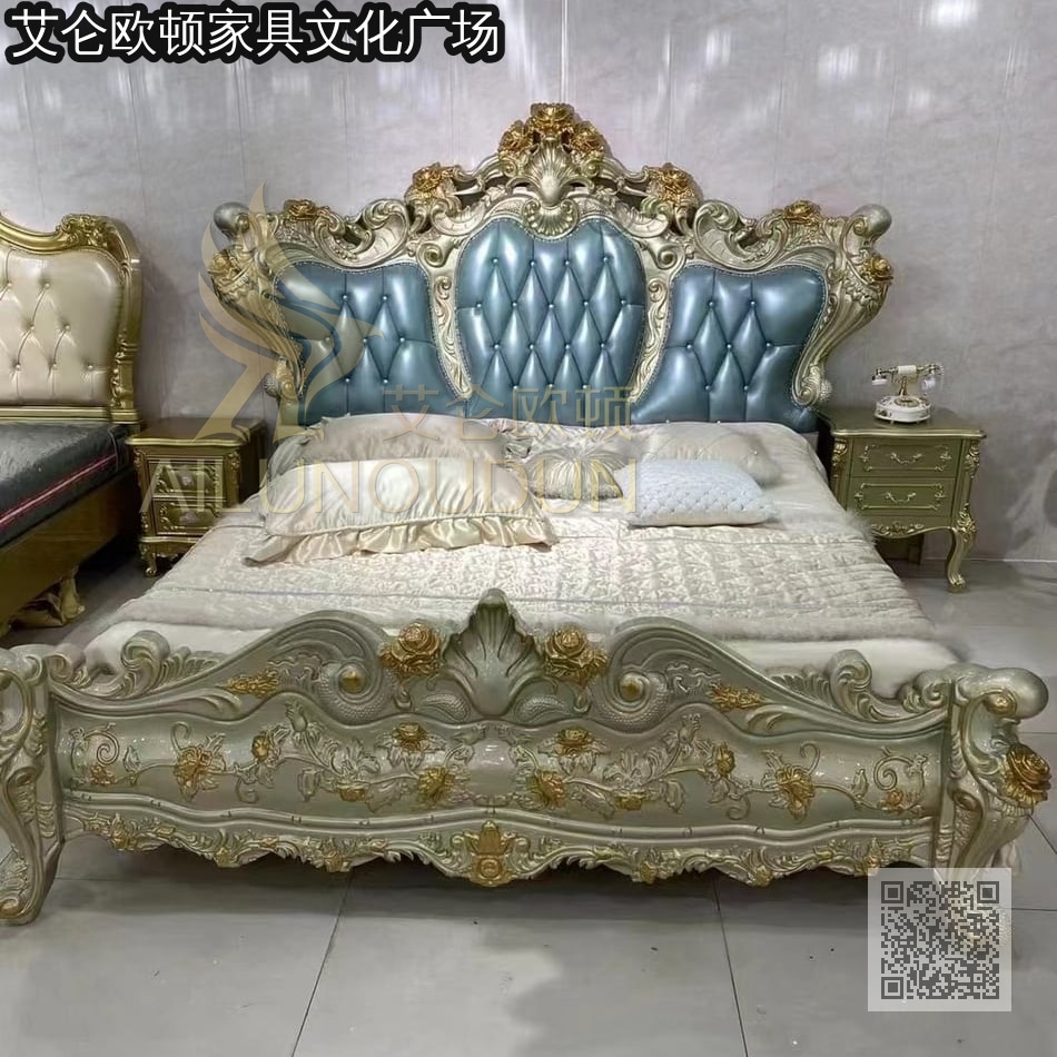 花开富贵香槟色天蓝实木床