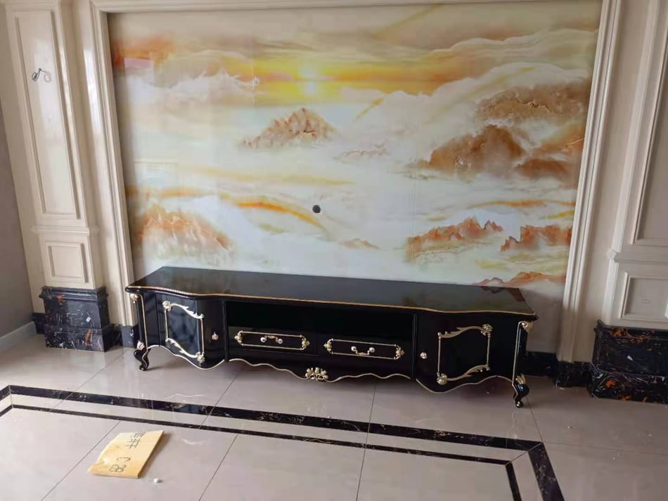河北唐山迁安秀水名居 欧式黑描金雕花电视柜入户实拍